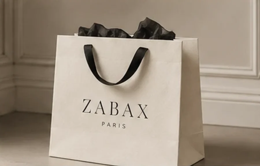 Sac boutique ZABAX ivoire à anses de ruban noir